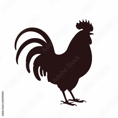 A black rooster with a red comb and wattle, standing upright with its wings spread out