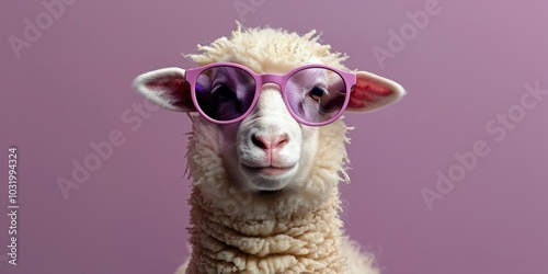 A cool sheep wearing pink sunglasses against a vibrant purple background during midday