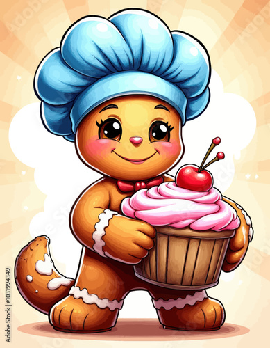 Gingerbread Chef Holding Cupcake 

