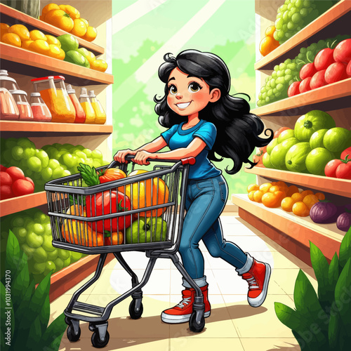 Girl pushing full grocery cart in supermarket aisle