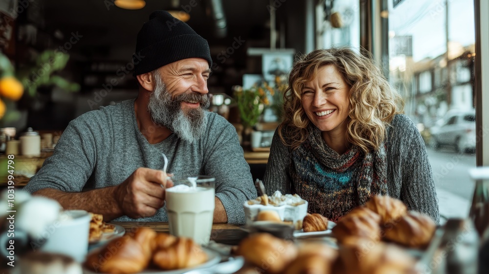 A joyful couple sits at a cozy cafe, sharing pleasant conversation over coffee and croissants, captured amidst laughter and warmth in a charming setting. A joyful couple sits at a cozy cafe, sharing pleasant conversation over coffee and croissants, captured amidst laughter and warmth in a charming setting.