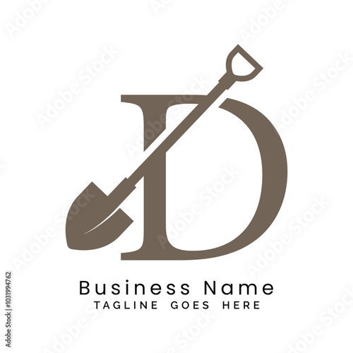 Letter D shovel logo design. Alphabet D construction icon
