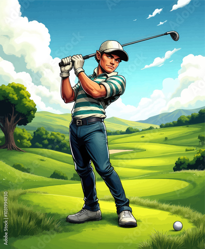 Golfer Swinging on Green Course 
