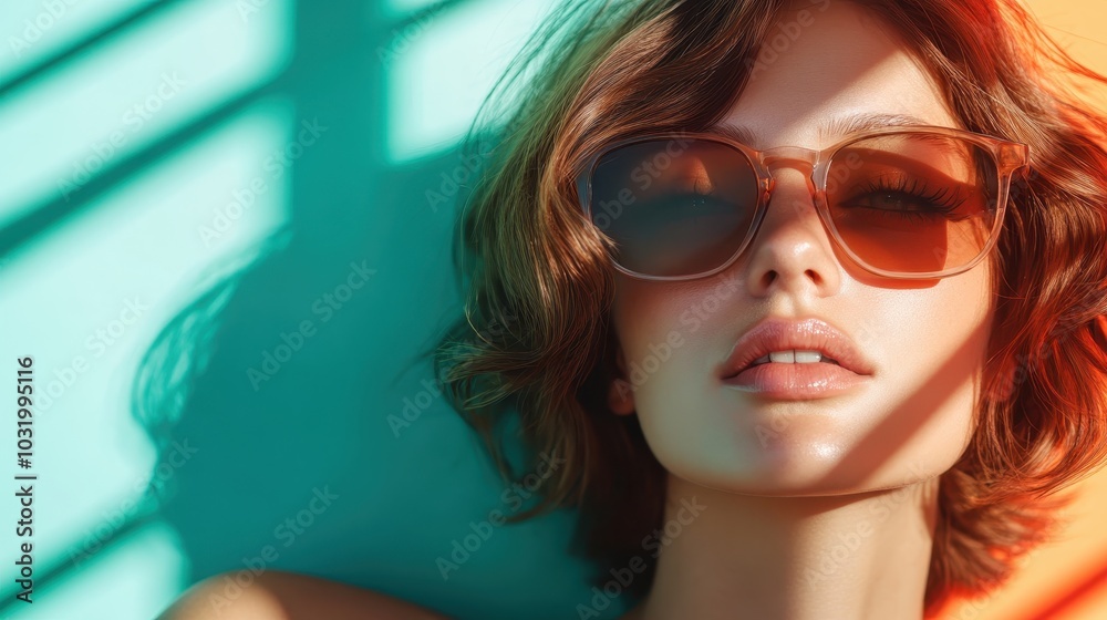 A stylish woman wearing sunglasses relaxes under soft shadows with a teal background, creating an artistic and chic representation of modern leisure and elegance.