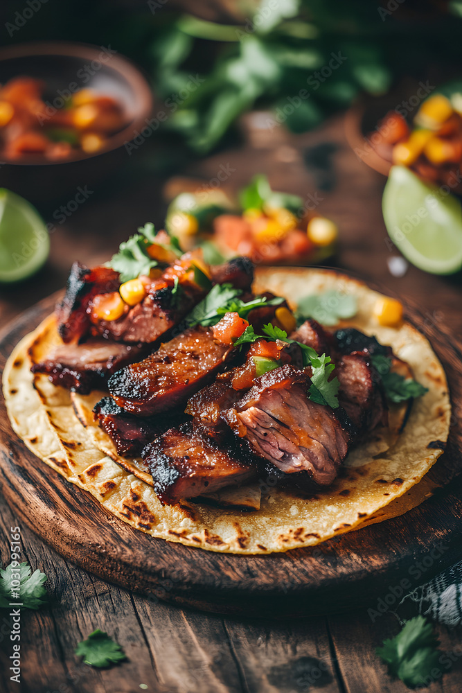Plate of meat and vegetables on a wooden table. The meat is grilled and has a smoky flavor. The vegetables include corn and cilantro. The plate is served on a tortilla, which is a type of flatbread Plate of meat and vegetables on a wooden table. The meat is grilled and has a smoky flavor. The vegetables include corn and cilantro. The plate is served on a tortilla, which is a type of flatbread