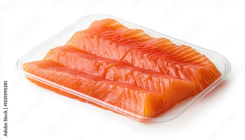 The image features fresh salmon fillets neatly arranged in a clear plastic tray, showcasing their vibrant orange color. The image features fresh salmon fillets neatly arranged in a clear plastic tray, showcasing their vibrant orange color.