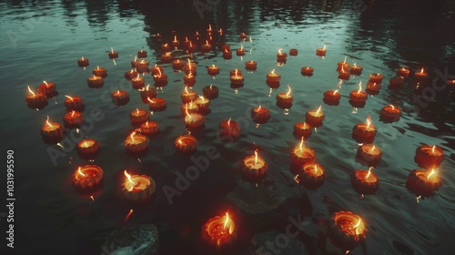 Dozens of oil lamps float on water, their flames reflecting on the surface, creating a serene and spiritual atmosphere for Diwali celebrations.
 photo