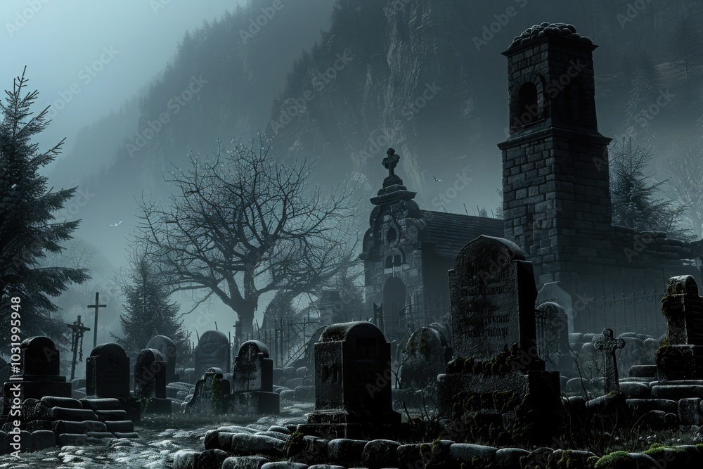 A foggy and dark graveyard with a haunted church in the background creates a perfect Halloween night scene for spooky events or horror themes.
A foggy and dark graveyard with a haunted church in the background creates a perfect Halloween night scene for spooky events or horror themes.