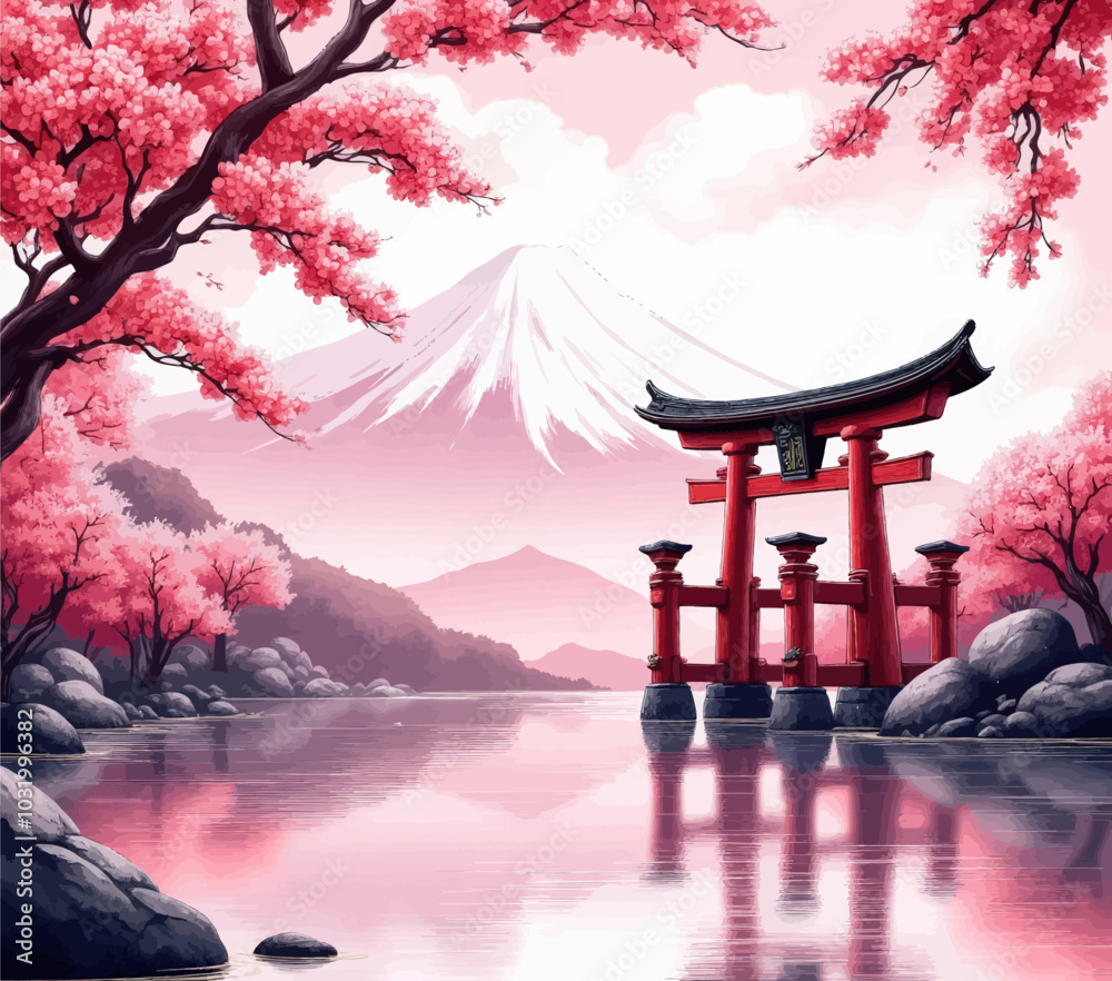 Naklejka premium Japanese Landscape with Torii Gate and Cherry Blossoms 