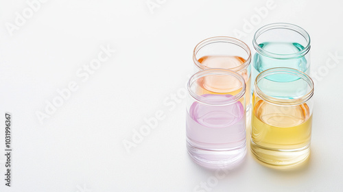 A serene arrangement of glass containers filled with colored liquids, showcasing pastel hues against a clean, minimalistic background.