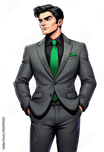 Man in Grey Suit with Green Tie 
