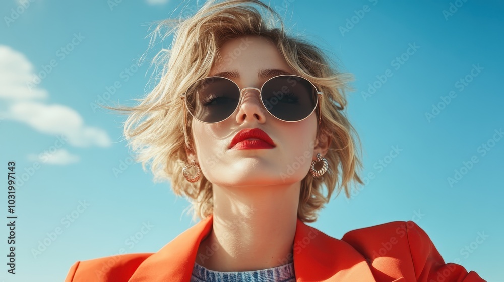 A fashionable woman wears round sunglasses and red lipstick, with short blonde hair and large earrings, against a bright blue sky backdrop. A fashionable woman wears round sunglasses and red lipstick, with short blonde hair and large earrings, against a bright blue sky backdrop.