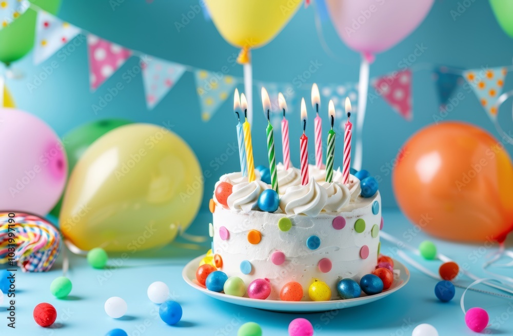 Celebrating a birthday with a colorful cake, balloons, and party decorations in a cheerful setting Celebrating a birthday with a colorful cake, balloons, and party decorations in a cheerful setting