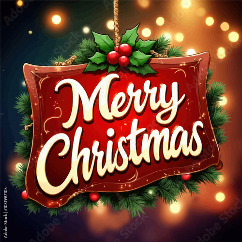 Merry Christmas Sign with Holly 

