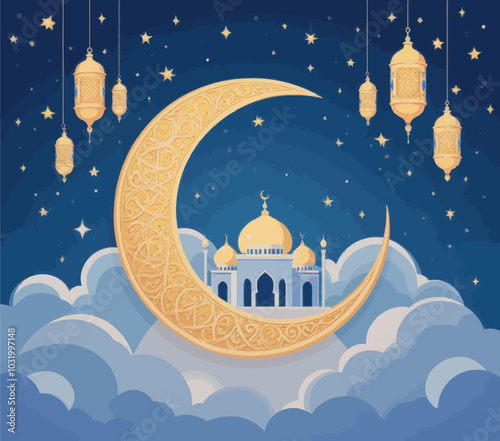 Mosque in Crescent Moon with Lanterns and Stars