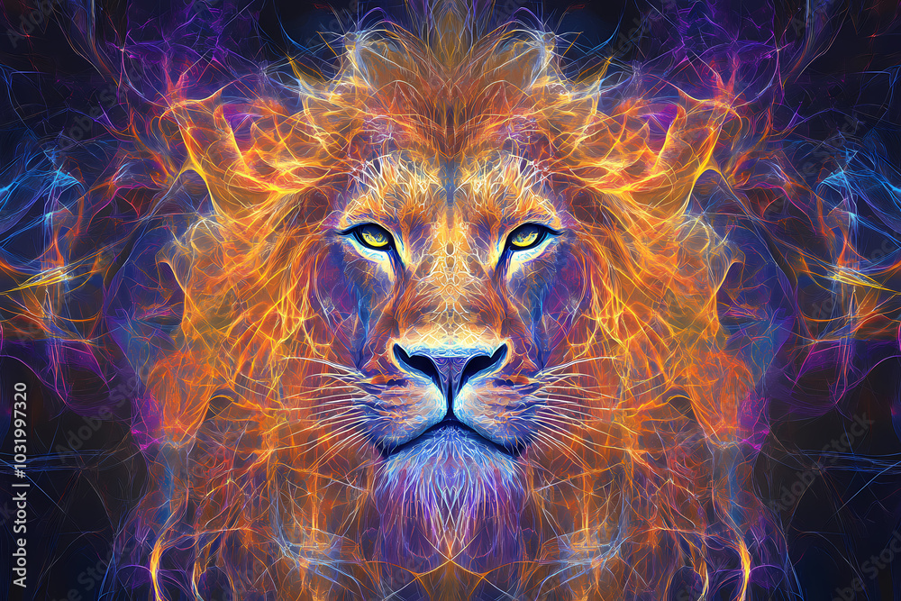 Fototapeta premium an image of a lion that combines intricate geometric patterns and bright colors to create an abstract, mystical image