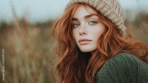 A red-haired woman in a cozy knit hat looks pensively into the distance, embodying tranquility and introspection amidst an outdoor background. Ideal for autumn scenes.