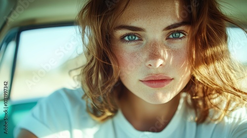 A close-up portrait of a young woman sitting inside a car, featuring her striking expressive eyes, with sunlight gently highlighting her natural beauty and freckles. photo