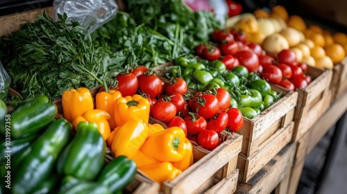 An inviting scene of a vibrant market stand, filled with an array of fresh, colorful vegetables like tomatoes, peppers, and greens, creatively arranged for sale.