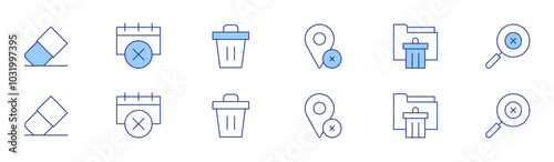 Delete icon set in two styles, Duotone and Thin Line style. Editable stroke. pin, folder, search, eraser, cross, delete