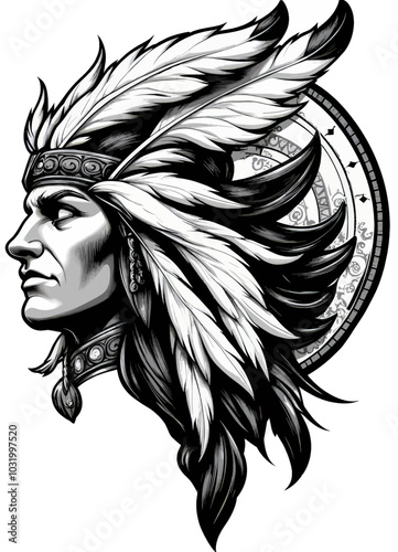 Native American Chieftain with Feathers 
 photo