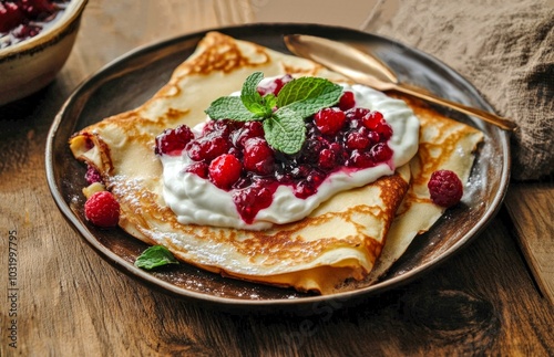 Delicious freshly made crepes served on a rustic plate. Topped with vibrant berries and cream. Perfect for breakfast or dessert.