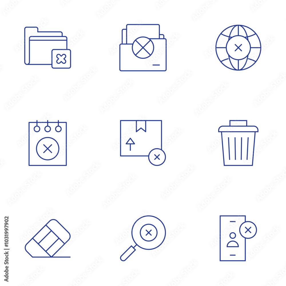 Delete icons set. Thin Line style, editable stroke. trash can, unfriend, world, folder, note, out of stock, rubber, search Delete icons set. Thin Line style, editable stroke. trash can, unfriend, world, folder, note, out of stock, rubber, search