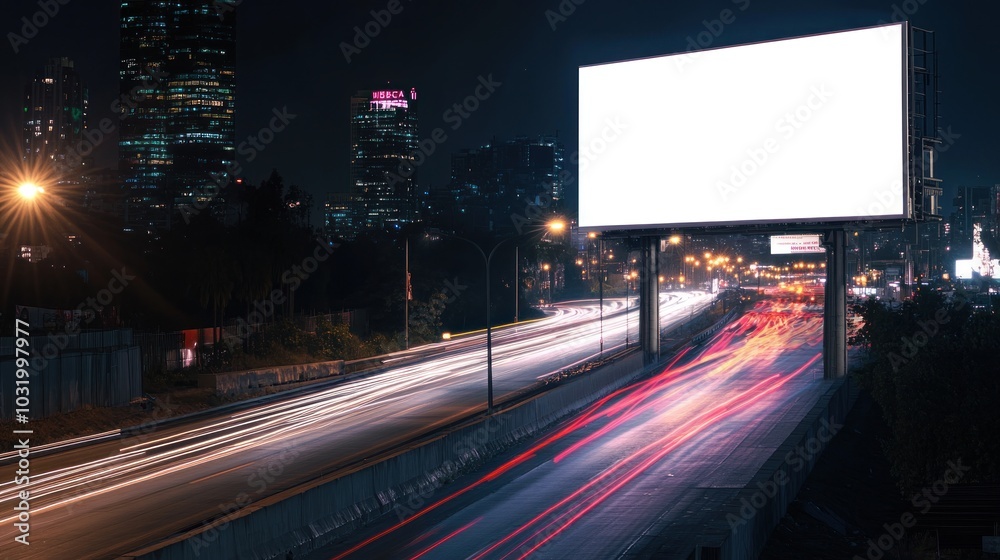 Blank Billboard Above a Highway at Night Blank Billboard Above a Highway at Night