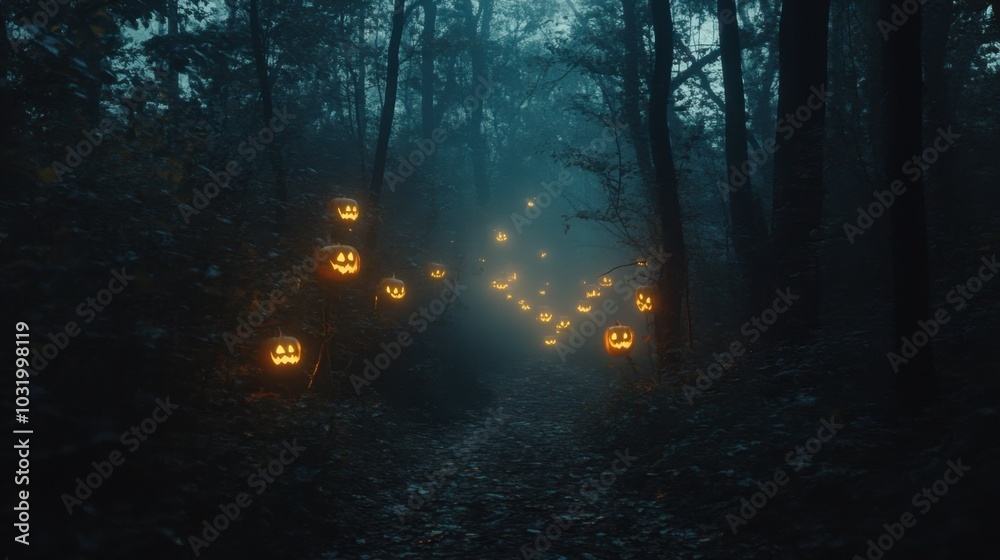 Enchanted Forest with Glowing Jack-o'-Lanterns at Night Enchanted Forest with Glowing Jack-o'-Lanterns at Night