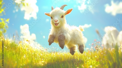 A cute white goat kid leaps through a field of green grass and wildflowers under a bright blue sky.