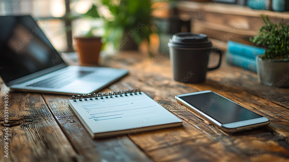 Modern workspace with laptop, notepad, smartphone, coffee cup, and plants. Modern workspace with laptop, notepad, smartphone, coffee cup, and plants.