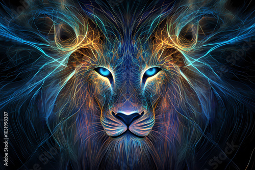 an image of a lion that combines intricate geometric patterns and bright colors to create an abstract, mystical image