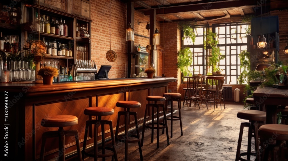 Rustic Bar Interior with Warm Lighting and Wooden Accents Rustic Bar Interior with Warm Lighting and Wooden Accents