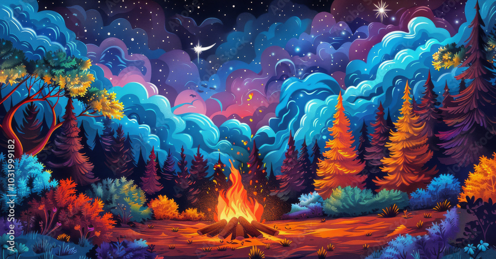 Camping by the lake under a starry sky with a campfire in the foreground during nighttime Camping by the lake under a starry sky with a campfire in the foreground during nighttime