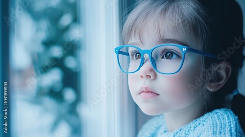 Young child wearing blue glasses focusing on distant tree outside window, symbolizing myopia prevention and importance of outdoor activities.