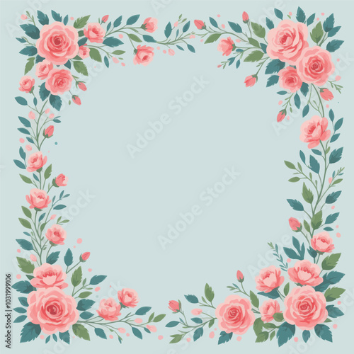 Pink Rose Floral Frame on Blue Background