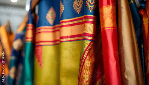 Close up portrait of colorful shiny indian saree hanging on a clothing rack