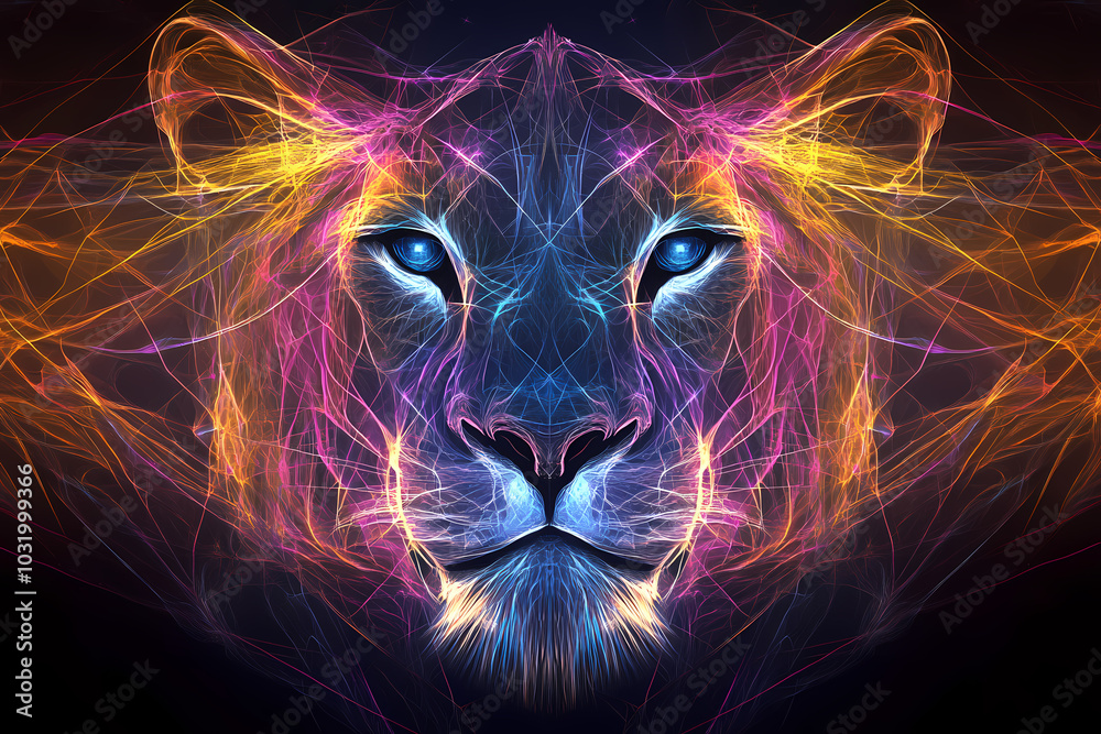 an image of a lion that combines intricate geometric patterns and bright colors to create an abstract, mystical image