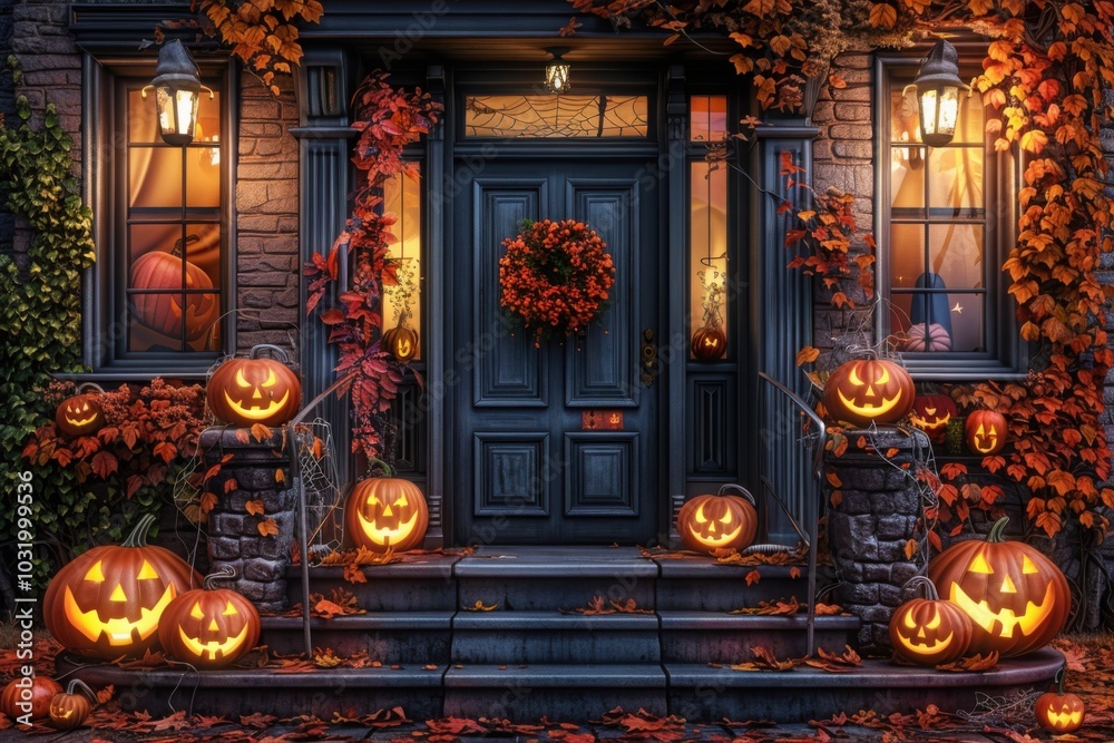 Obraz premium A beautifully decorated house entrance with glowing jack-o'-lanterns and autumn leaves, creating a warm and festive Halloween atmosphere.