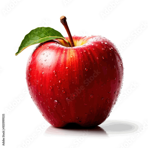 Red Apple with Water Drops on White Background