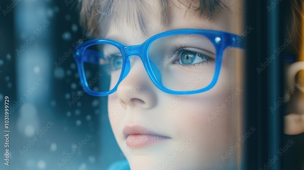 Young child wearing blue glasses focusing on distant tree outside window, symbolizing myopia prevention and importance of outdoor activities.