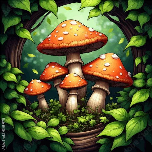 Red Mushrooms in a Forest Clearing 
