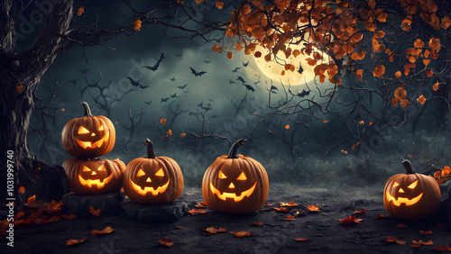 Haunted house in the distants no people, dark and shadowy, halloween punkins. ai generated.