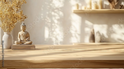 Empty wooden table, with Buddha statue in minimalist Scandinavian style