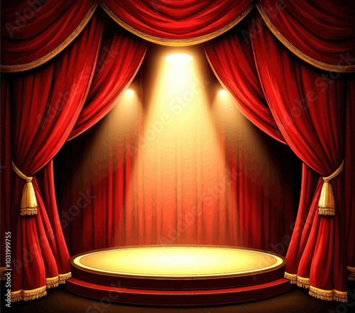 Red Stage Curtains with Spotlights and Podium 
