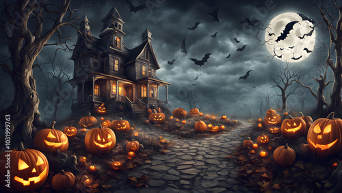 Haunted house in the distants no people, dark and shadowy, halloween punkins. ai generated.