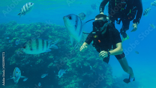 Scuba diver swimming at coral reef in the sea. Young adult caucasian man dives in a tropical sea