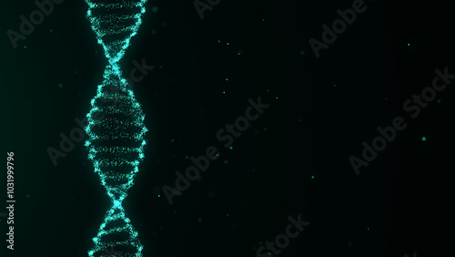Abstract moving DNA wave with dots and lines. Concept network connection system data. Music sound background. Genetic biotechnology and artificial intelligence. 3D rendering.
