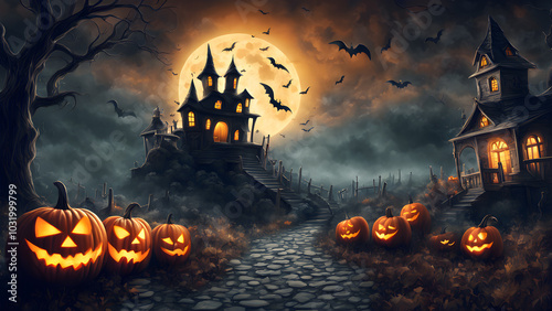 Haunted house in the distants no people, dark and shadowy, halloween punkins. ai generated.
