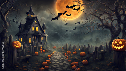 Haunted house in the distants no people, dark and shadowy, halloween punkins. ai generated.
